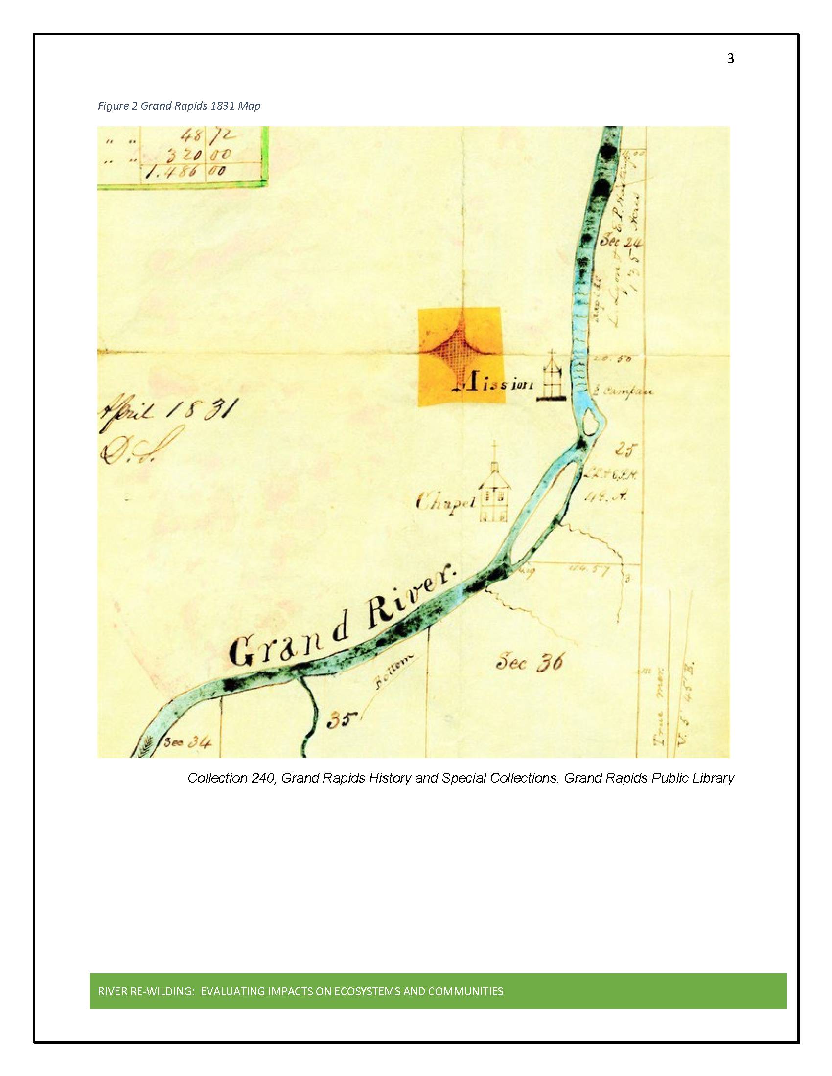 Hand drawn historic map of the Grand River in 1831